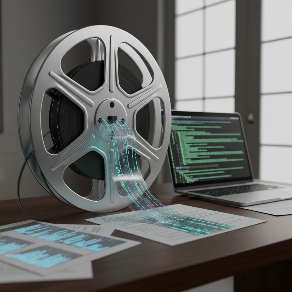 A reel of motion picture film with strands of green and blue digital information emerging from it, placed on a cluttered d...