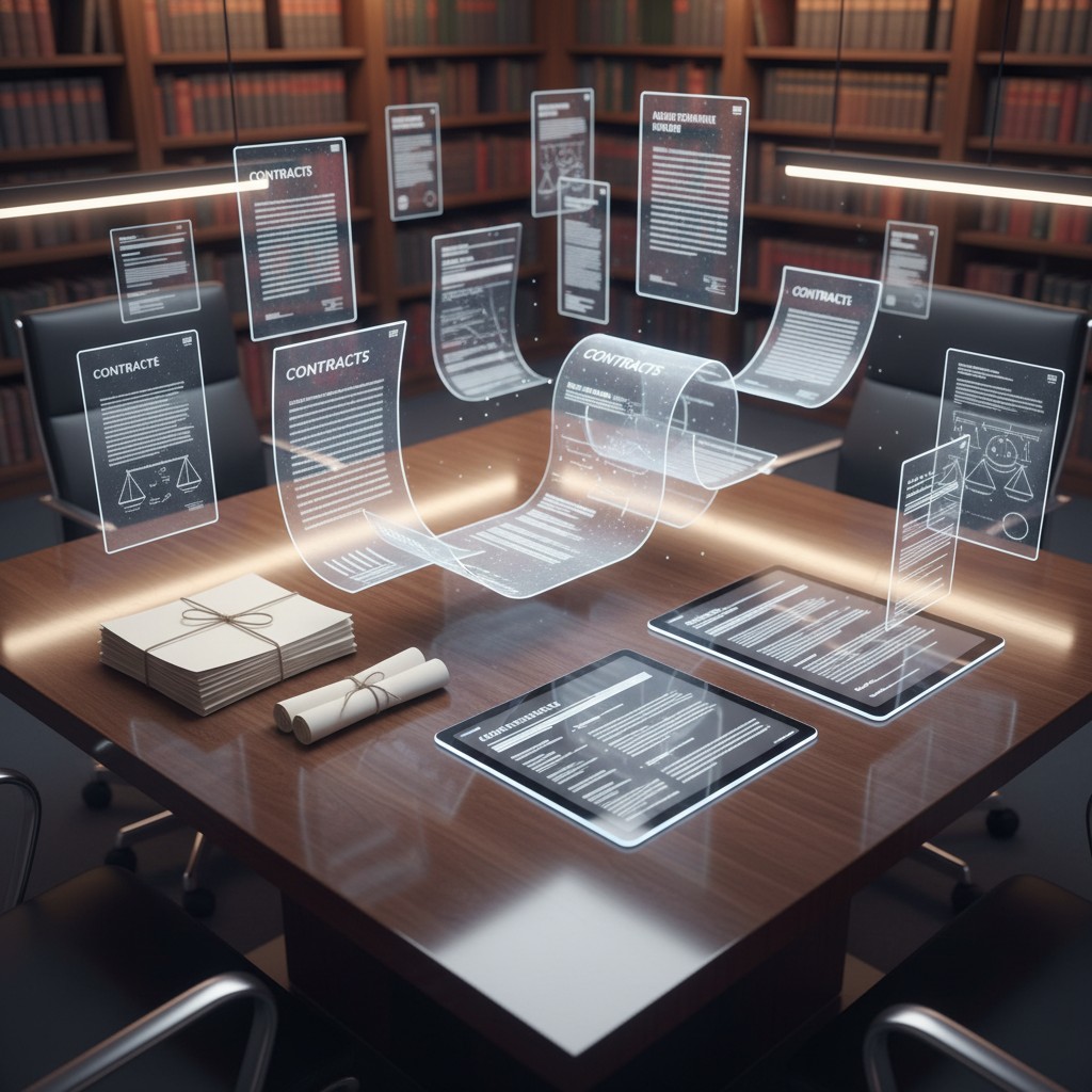 A futuristic conference room with interactive technology, set in a stylish, professional environment with bookcases and ch...