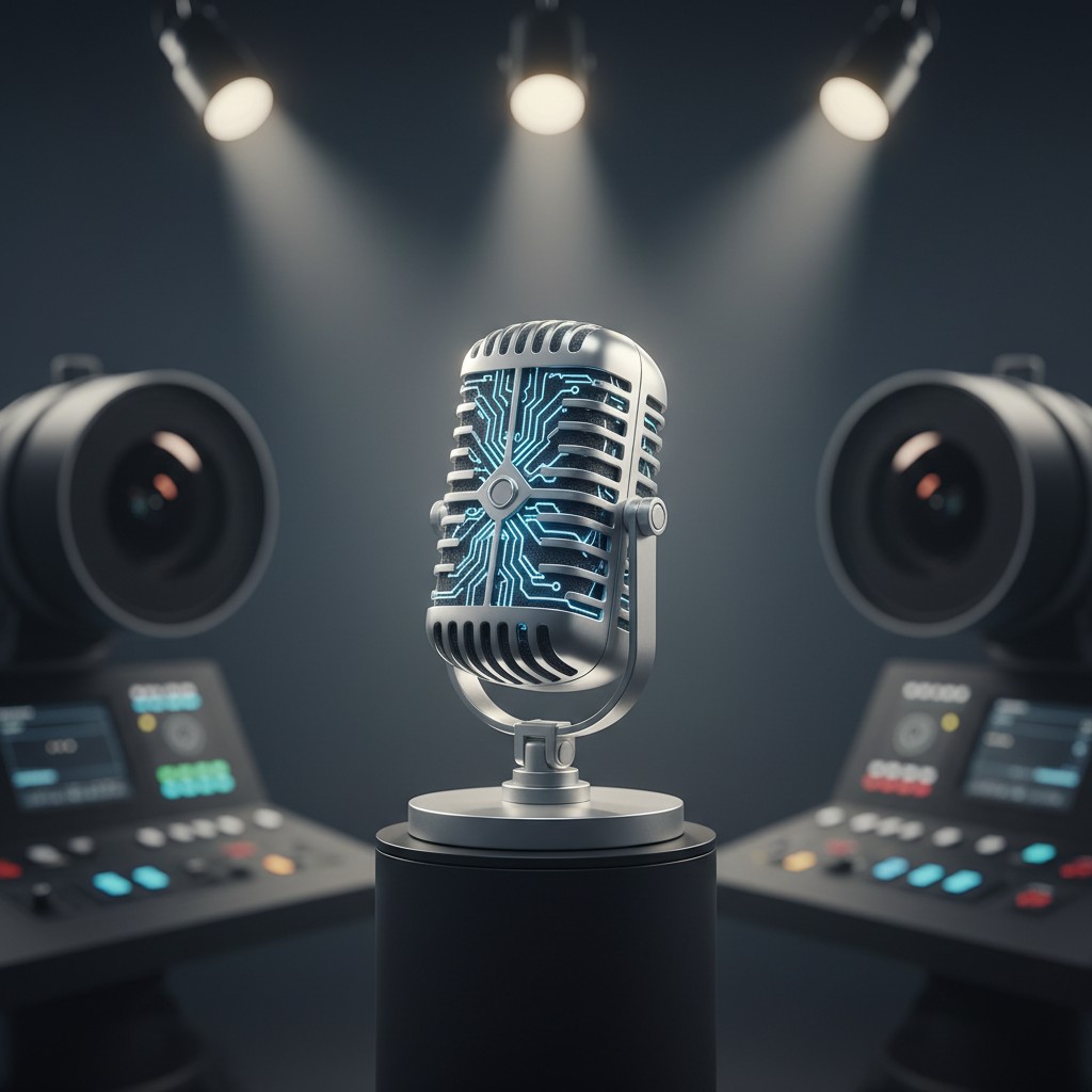 A futuristic computer microchip design inside a vintage-style microphone, illuminated by white studio lights in a dark per...