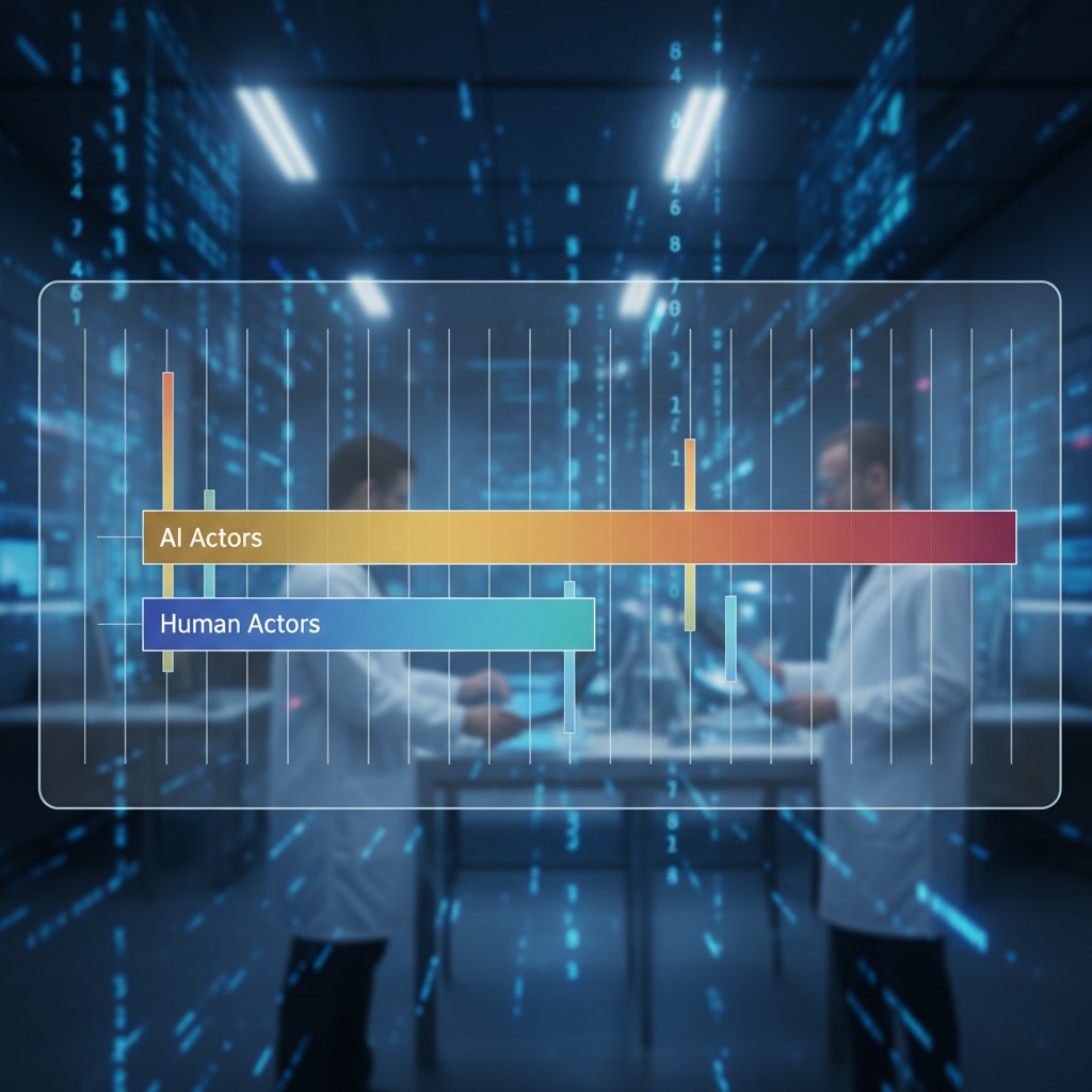 An image of people talking in a corridor with blue binary code and a comparison graph between AI Actors and Human Actors.